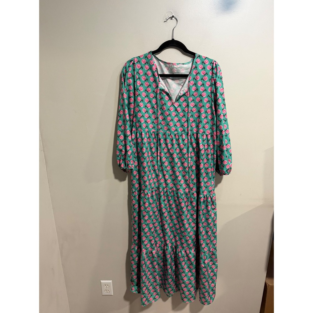 Pink Rose Floral Tiered Maxi Dress Teal Long Sleeve Split Neck XS
